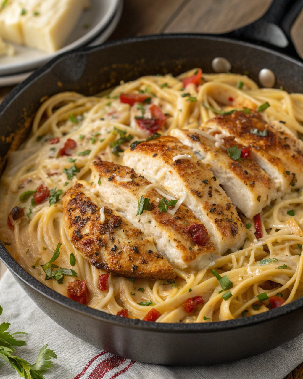 Garlic Parmesan Chicken Spaghetti in Spicy Three-Cheese Cajun Cream Sauce