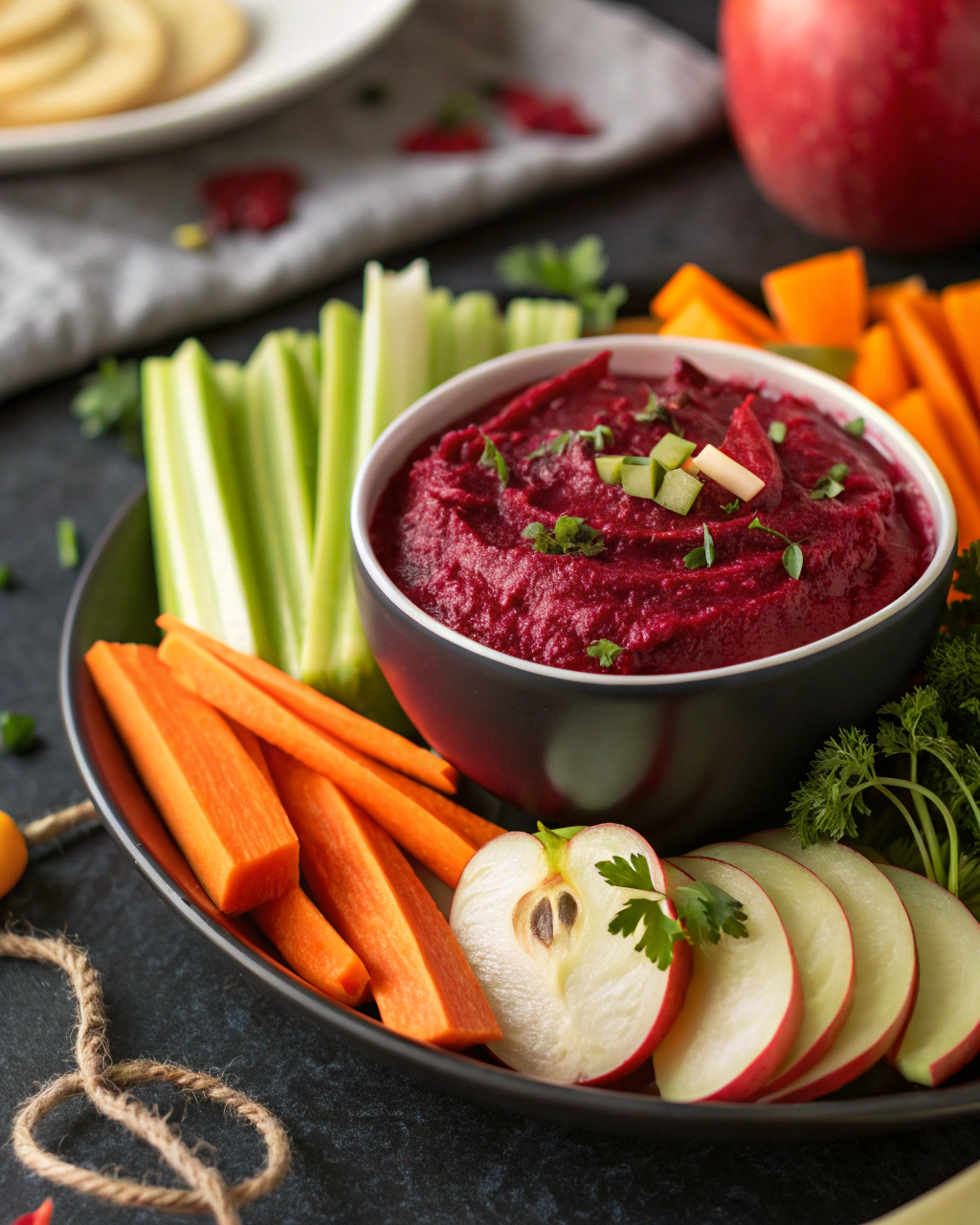 Bloody Beet Hummus with Veggie Sticks – healthy Halloween snack idea