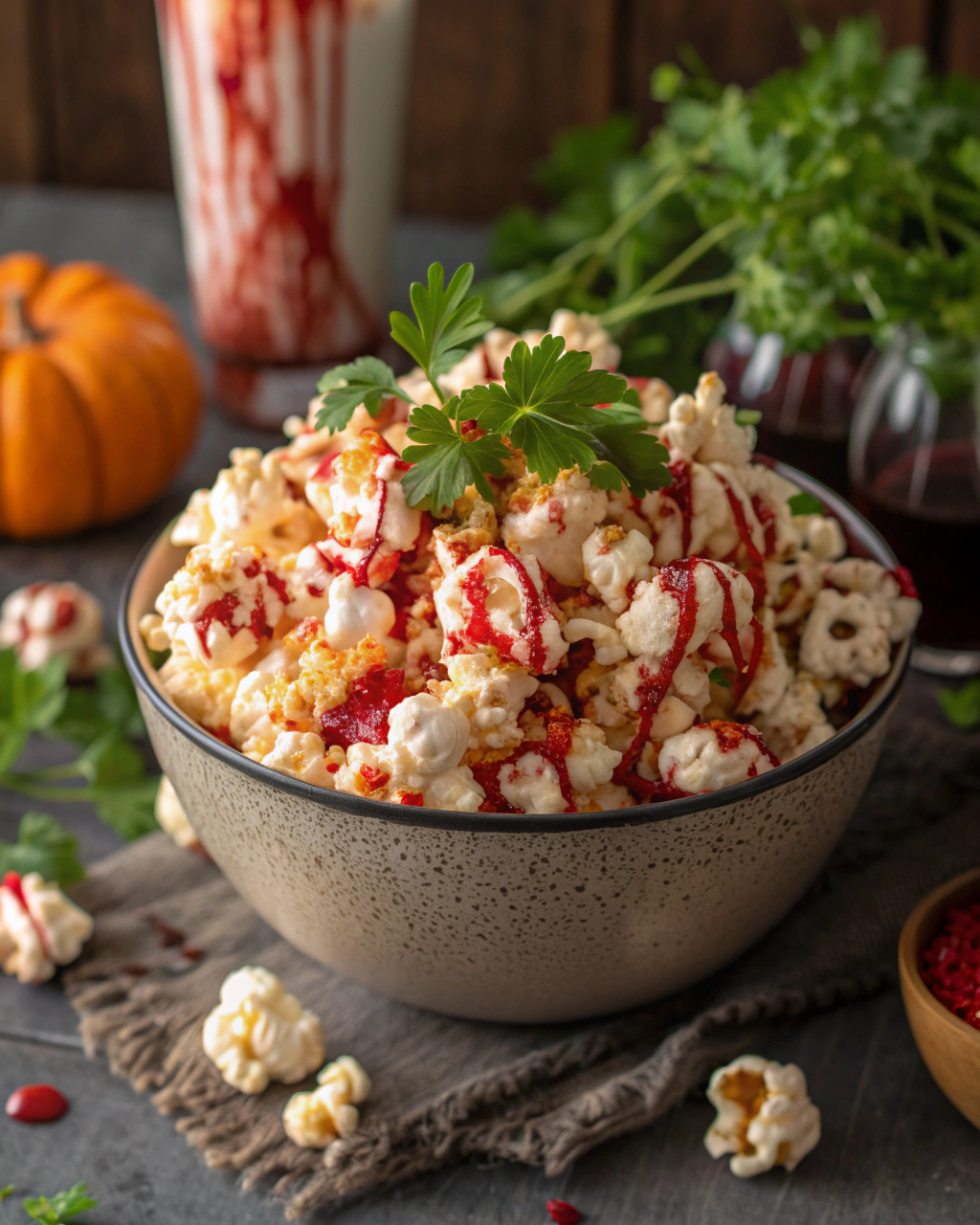 Bloody Popcorn Mix (Red Candy Drizzle) – spooky Halloween popcorn snack