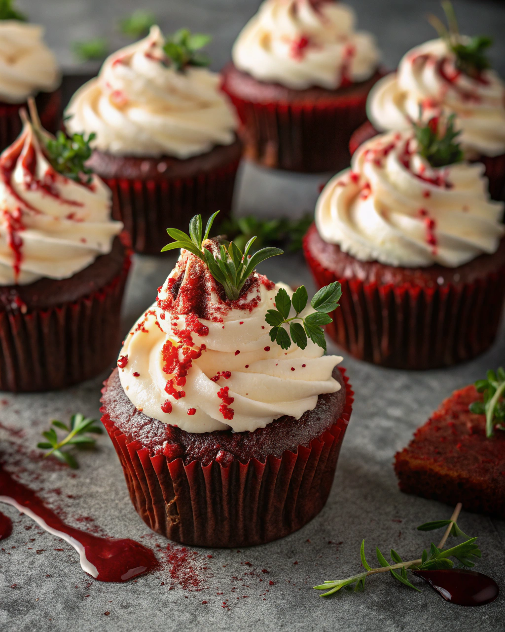 Bloody Red Velvet Cupcakes – spooky Halloween party cupcakes