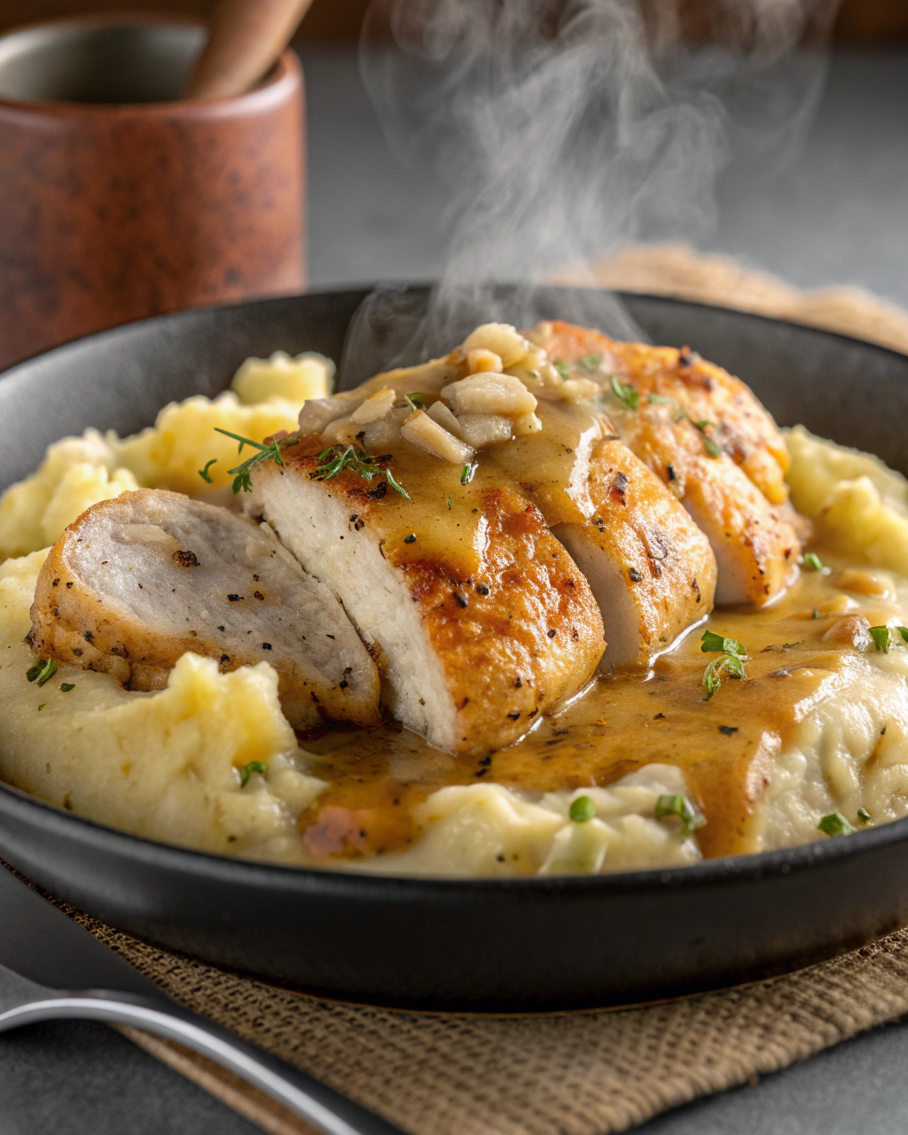 Chicken and Garlic Gravy with Cheesy Mashed Potatoes