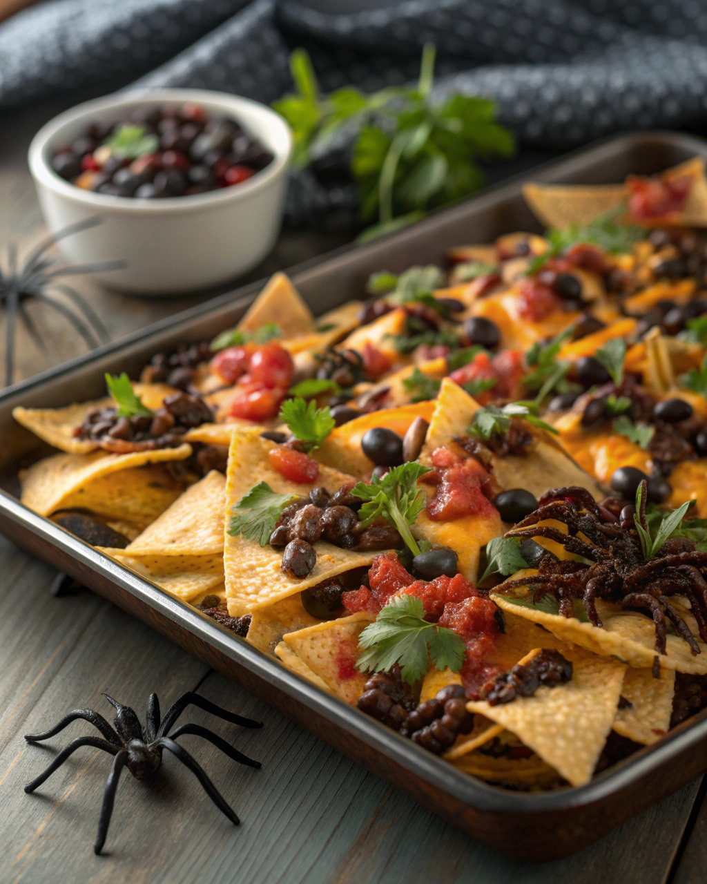 Creepy Crawly Nachos with Black Beans – easy Halloween party food