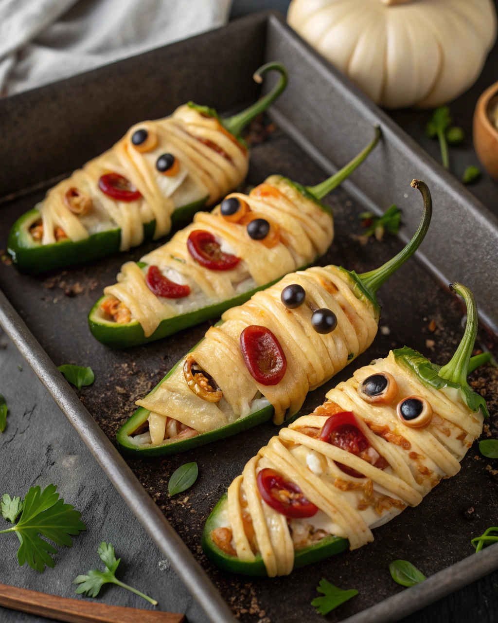 Mummy Jalapeño Poppers – creepy Halloween appetizer with a twist