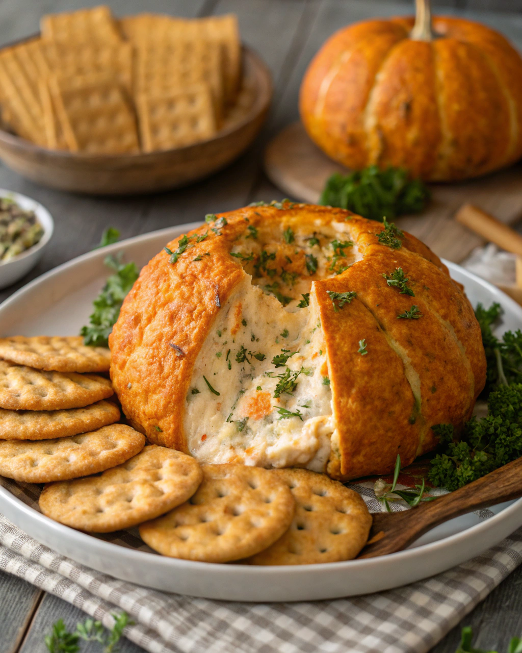 Pumpkin Cheese Ball with Crackers – festive Halloween dip idea