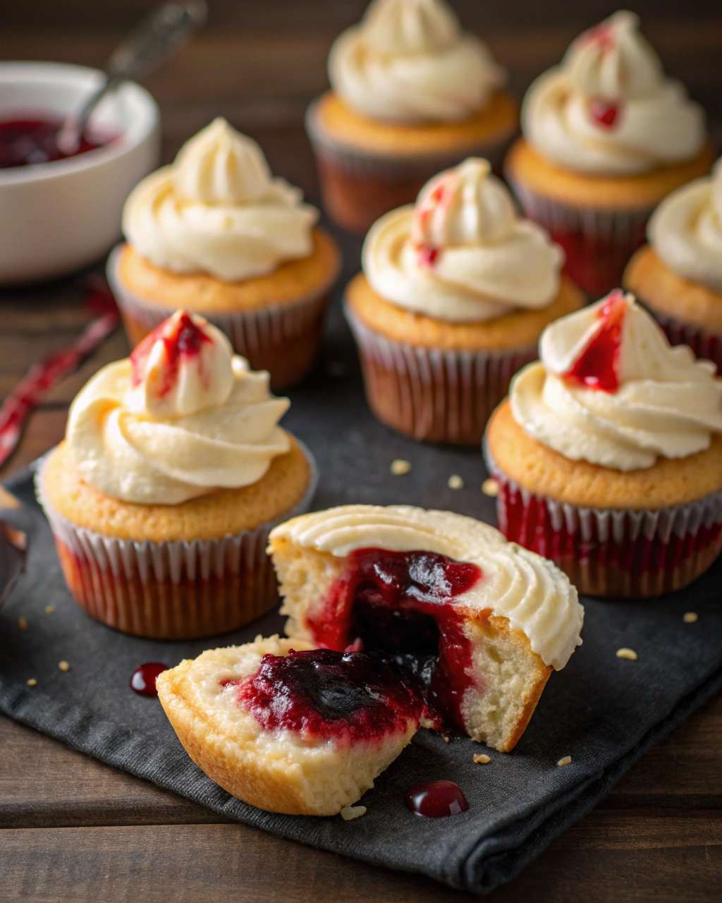 Vampire Blood Cupcakes (Jam Filling) – spooky Halloween cupcake idea