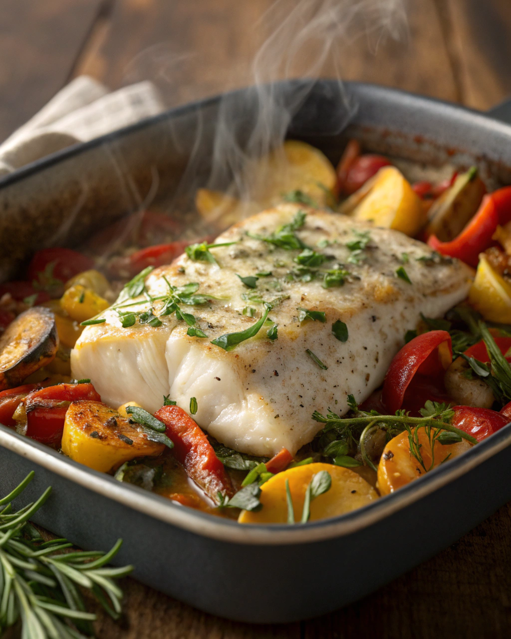 Baked Cod with Roasted Vegetables and Herbs