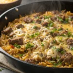 Creamy Garlic Butter Beef and Rice Skilletjl