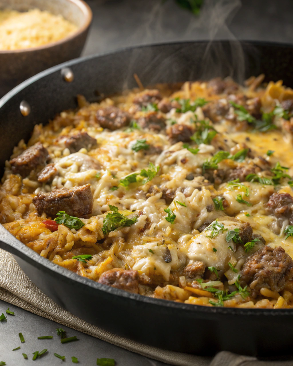 Creamy Garlic Butter Beef and Rice Skillet
