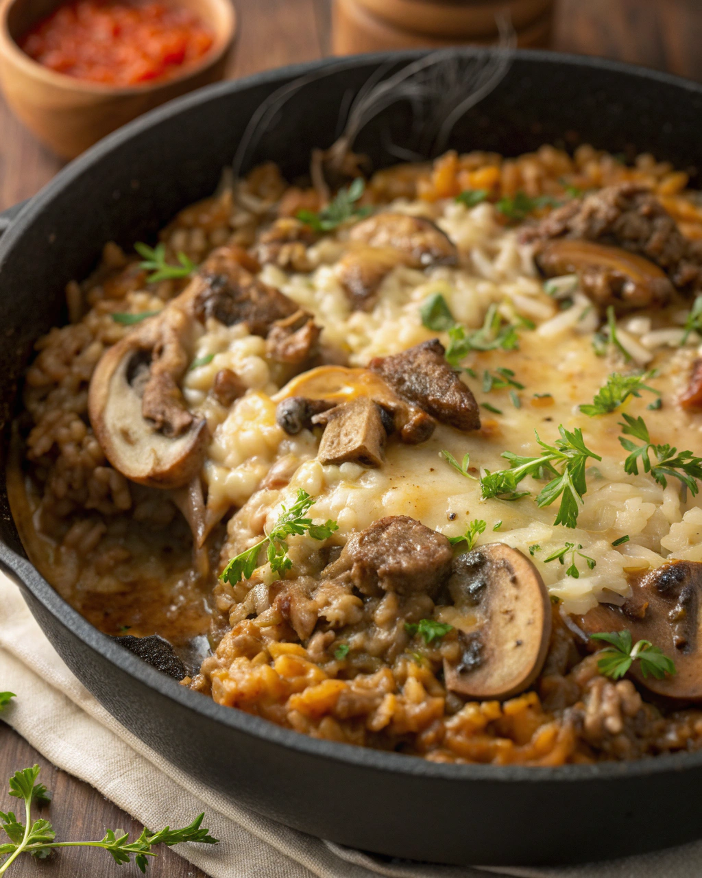 Creamy Mushroom Beef and Rice Bake
