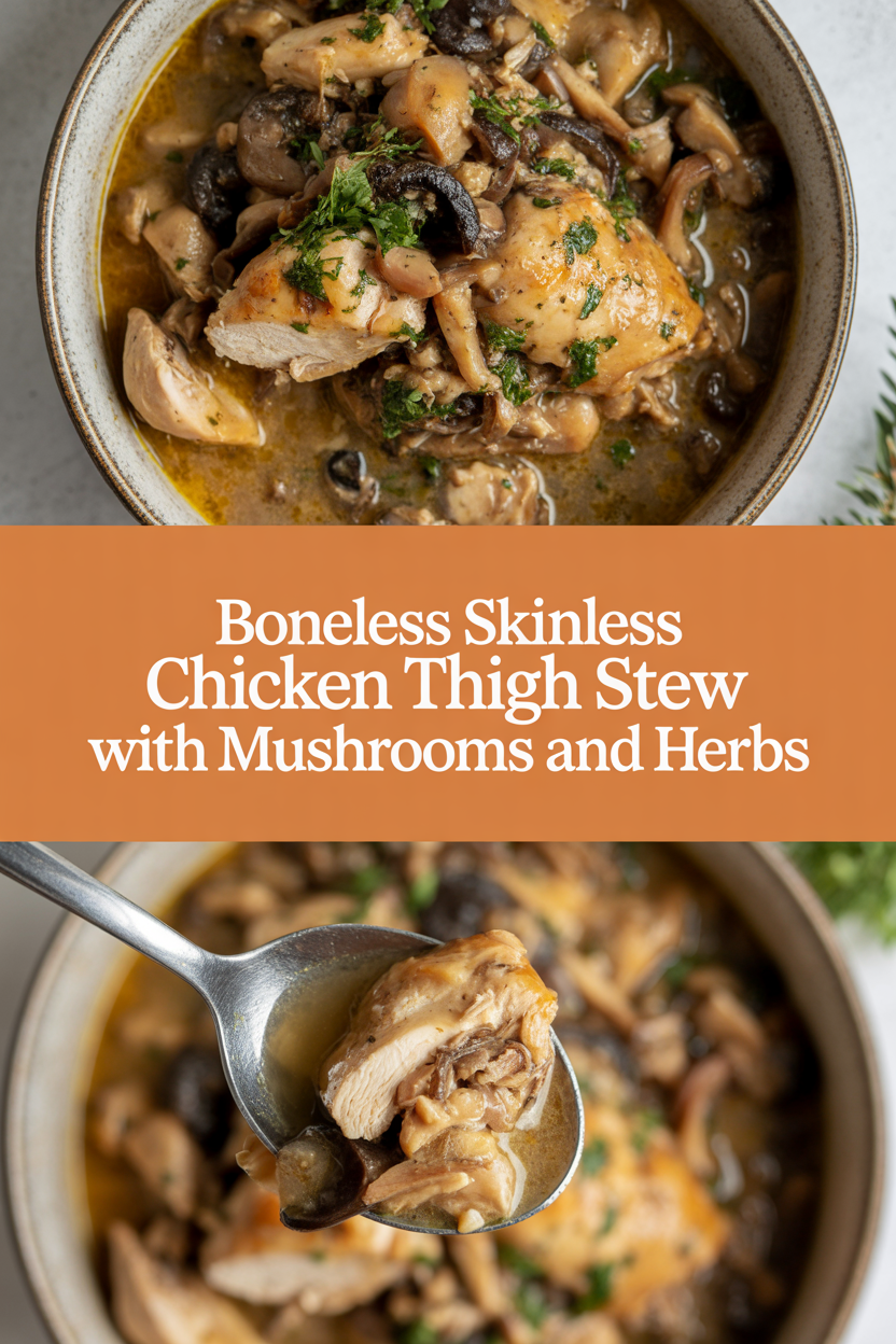 Boneless skinless chicken thigh stew with mushrooms and herbs