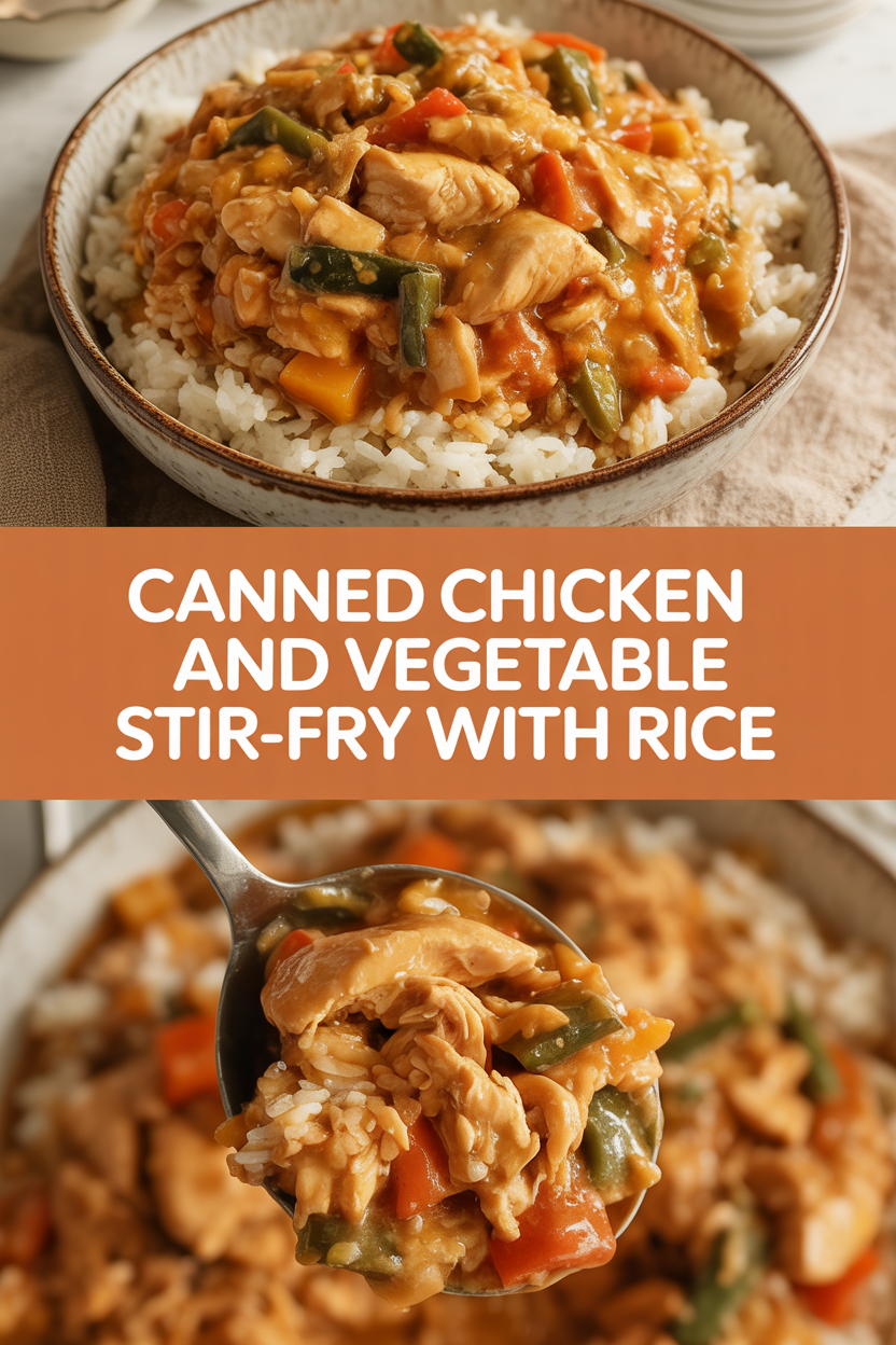 Canned chicken and vegetable stir-fry with rice