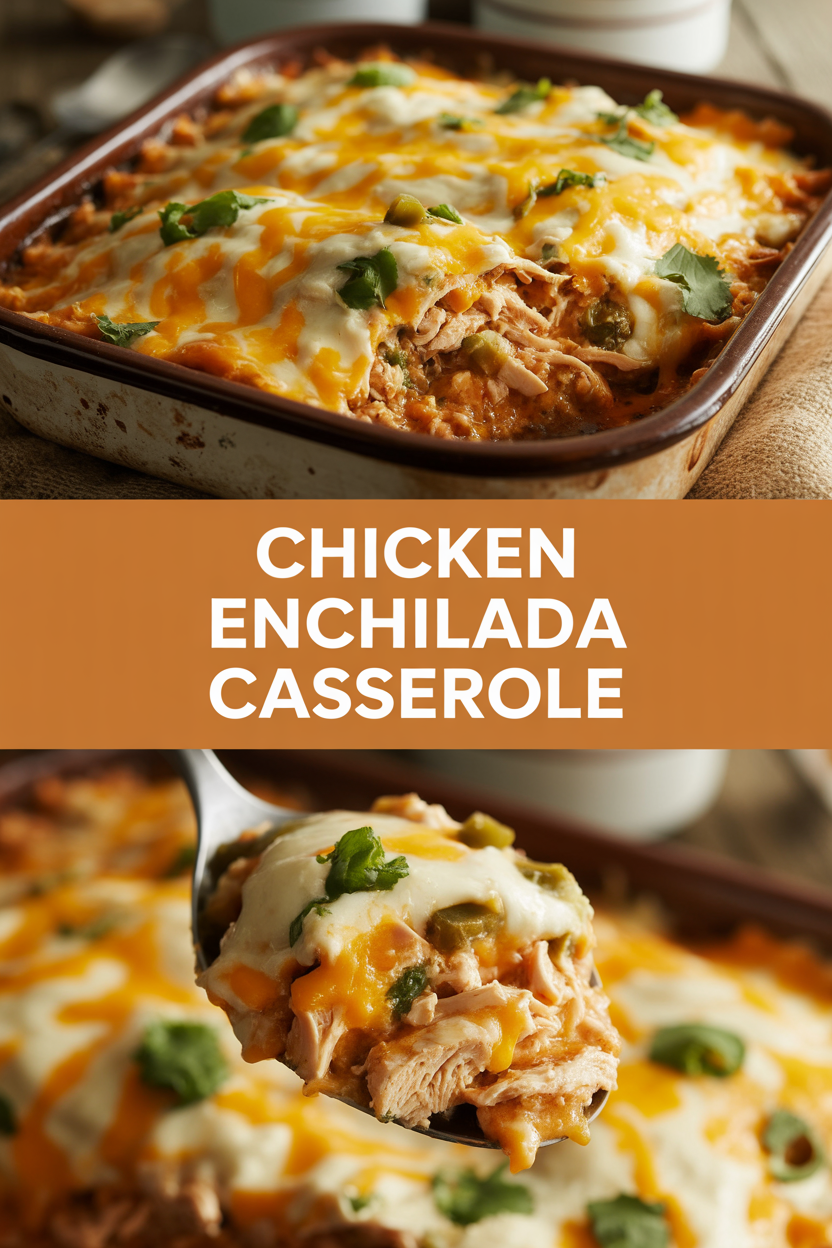 Chicken enchilada casserole with green chili and cheese