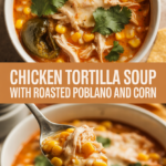 Chicken tortilla soup with roasted poblano and corn