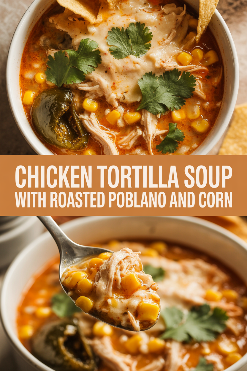 Chicken tortilla soup with roasted poblano and corn