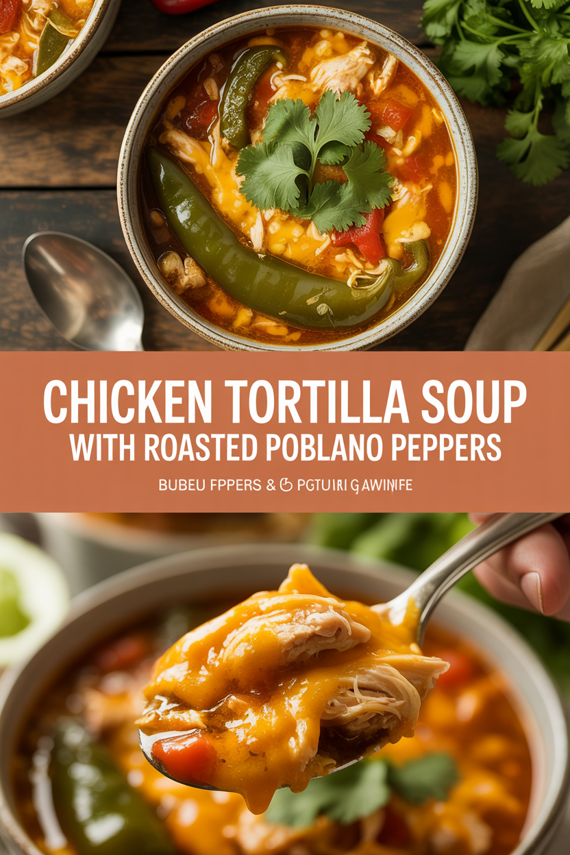 Chicken tortilla soup with roasted poblano peppers