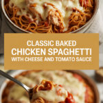 Classic baked chicken spaghetti with cheese and tomato sauce