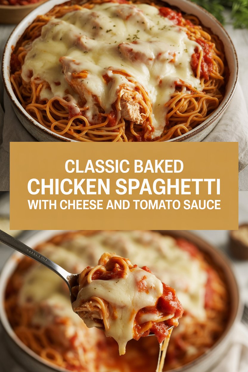 Classic baked chicken spaghetti with cheese and tomato sauce