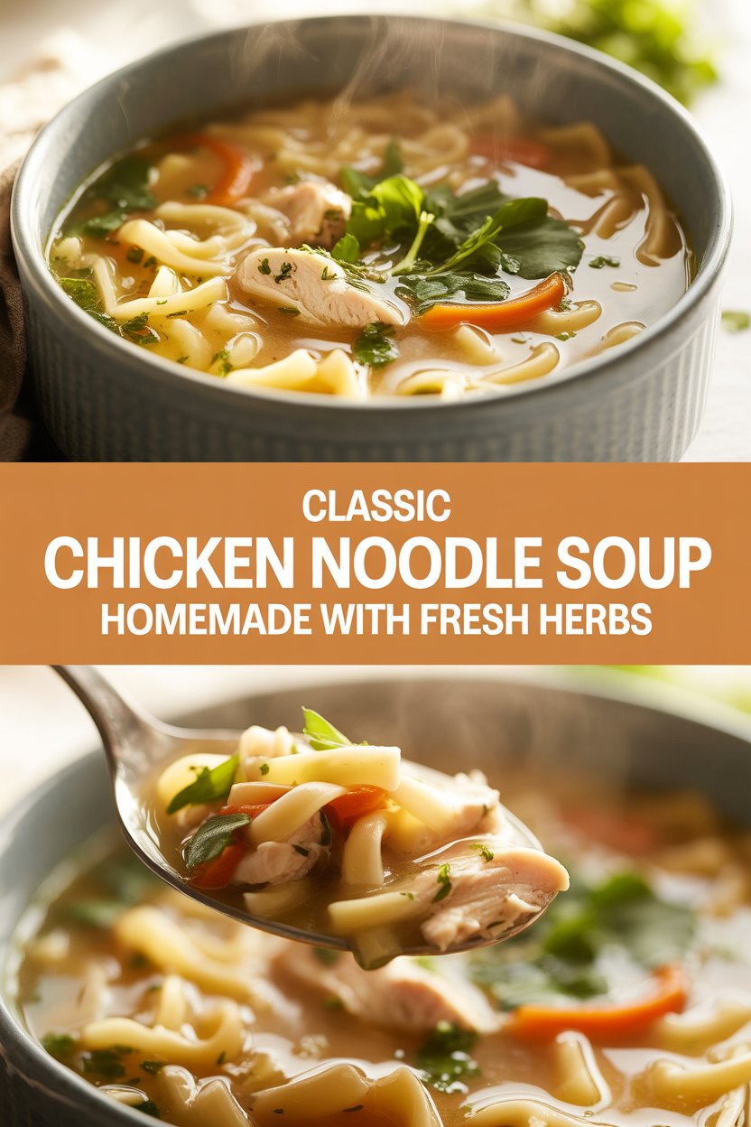 Classic chicken noodle soup homemade with fresh herbs