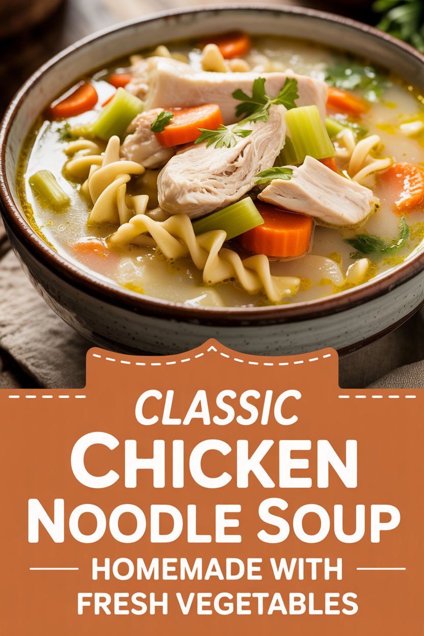 Classic chicken noodle soup homemade with fresh vegetables