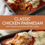 Classic chicken parmesan with tomato sauce and melted cheese