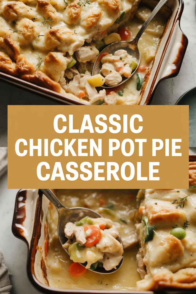 Classic chicken pot pie casserole with creamy vegetables