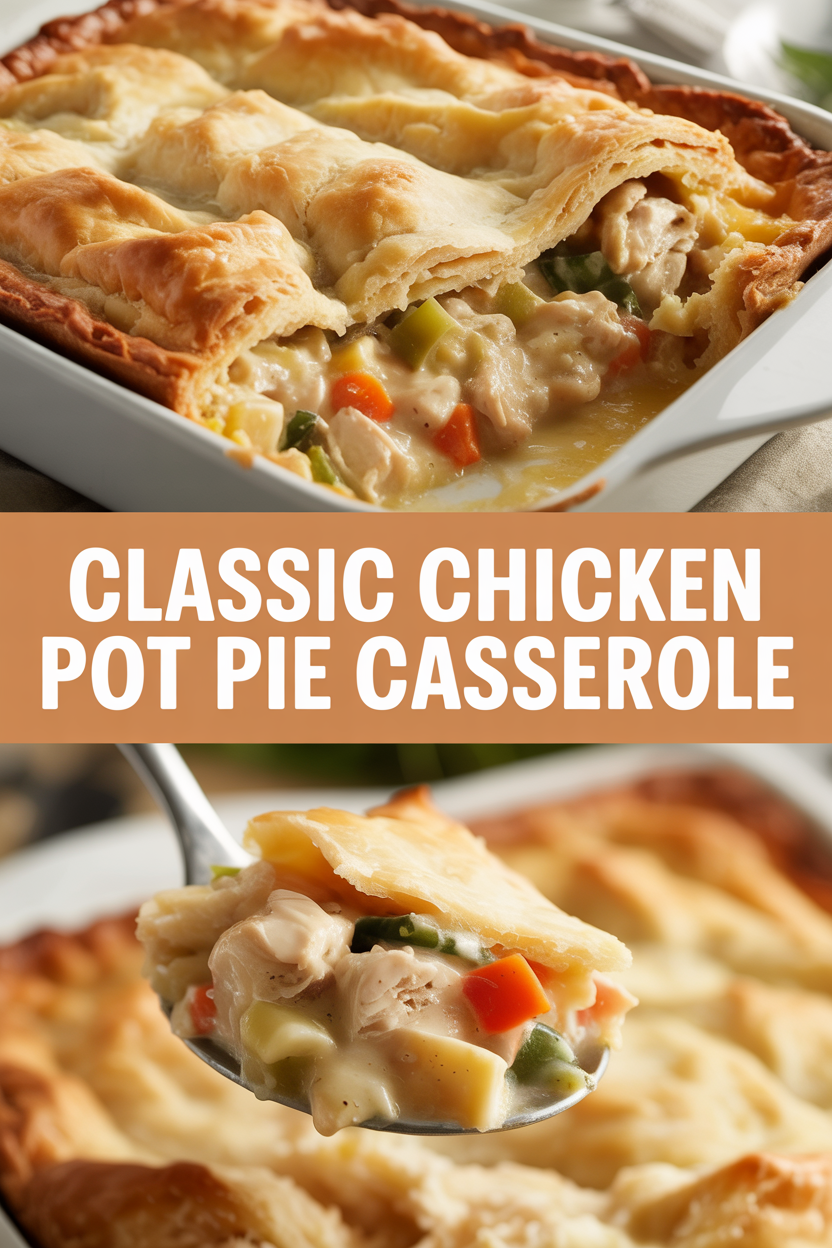 Classic chicken pot pie casserole with flaky crust