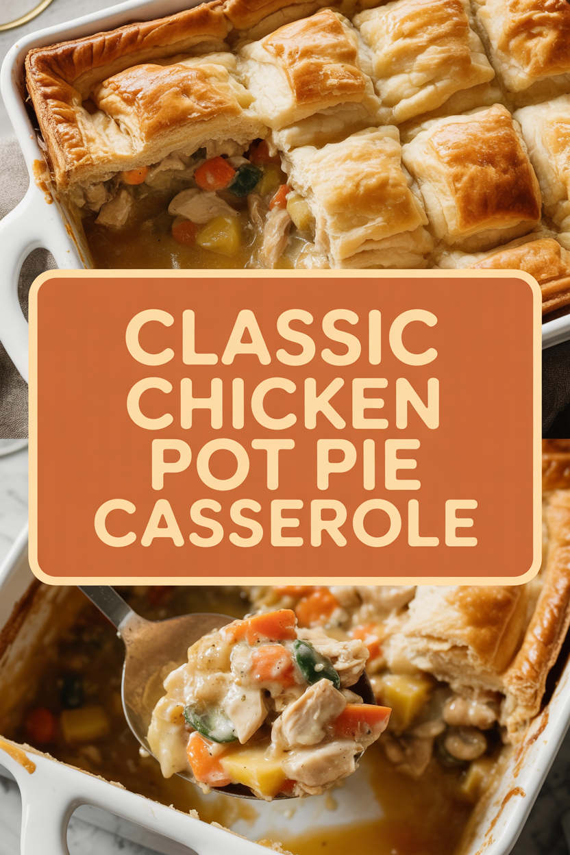 Classic chicken pot pie casserole with puff pastry topping