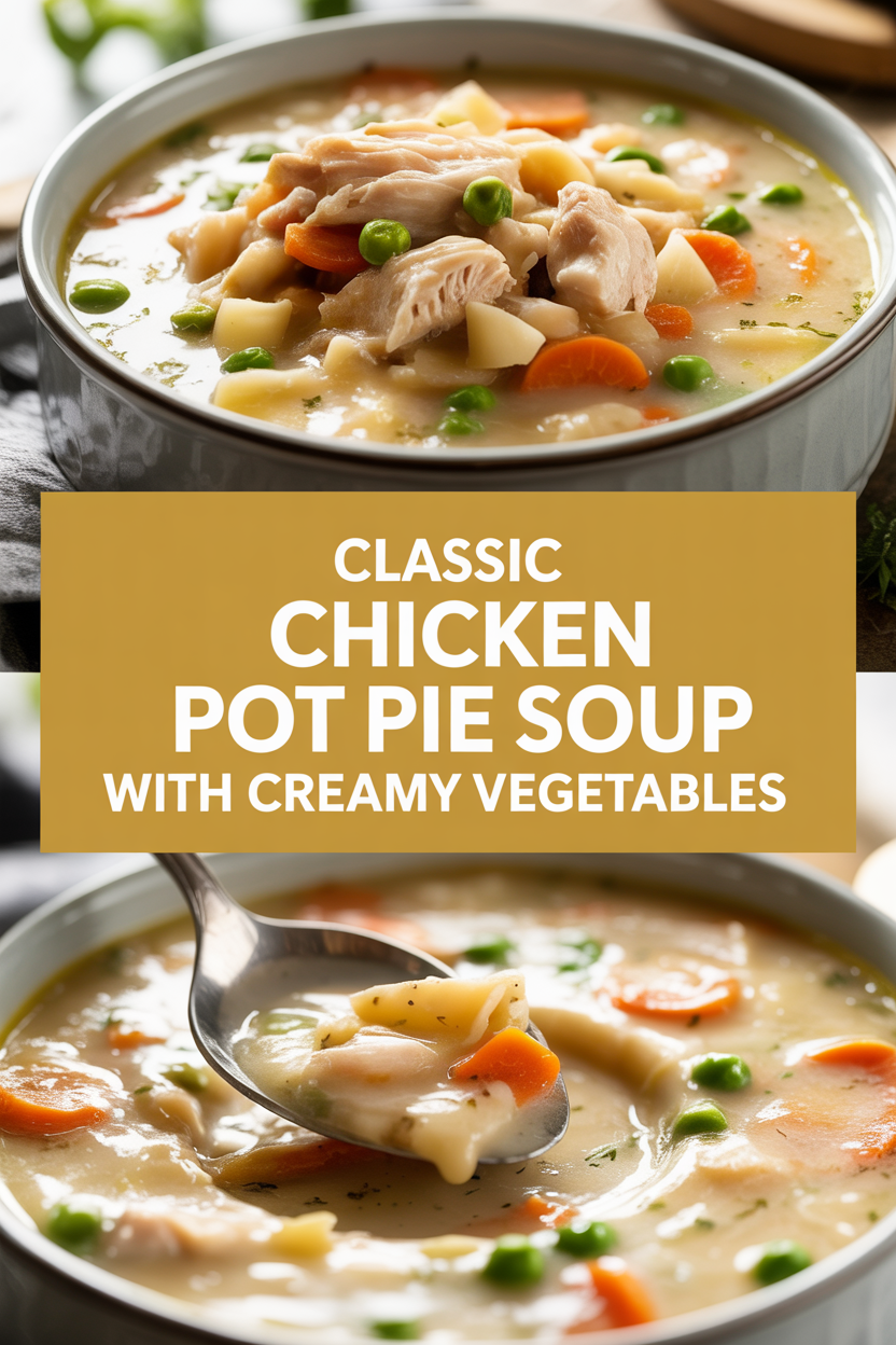 Classic chicken pot pie soup with creamy vegetables