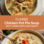 Classic chicken pot pie soup with herbs and vegetables