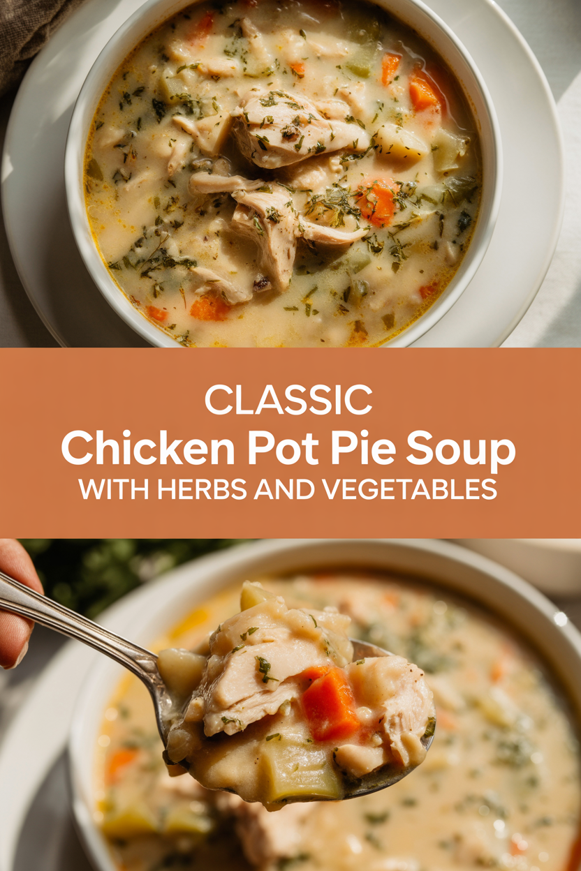Classic chicken pot pie soup with herbs and vegetables
