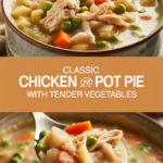 Classic chicken pot pie soup with tender vegetables