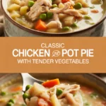 Classic chicken pot pie soup with tender vegetables