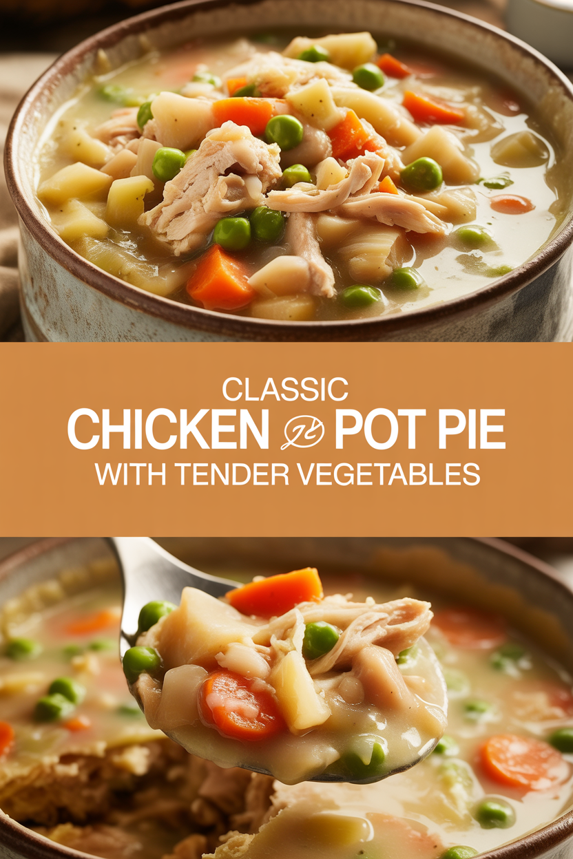 Classic chicken pot pie soup with tender vegetables