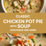 Classic chicken pot pie soup with vegetables and herbs Classic chicken pot pie soup with vegetables and herbs