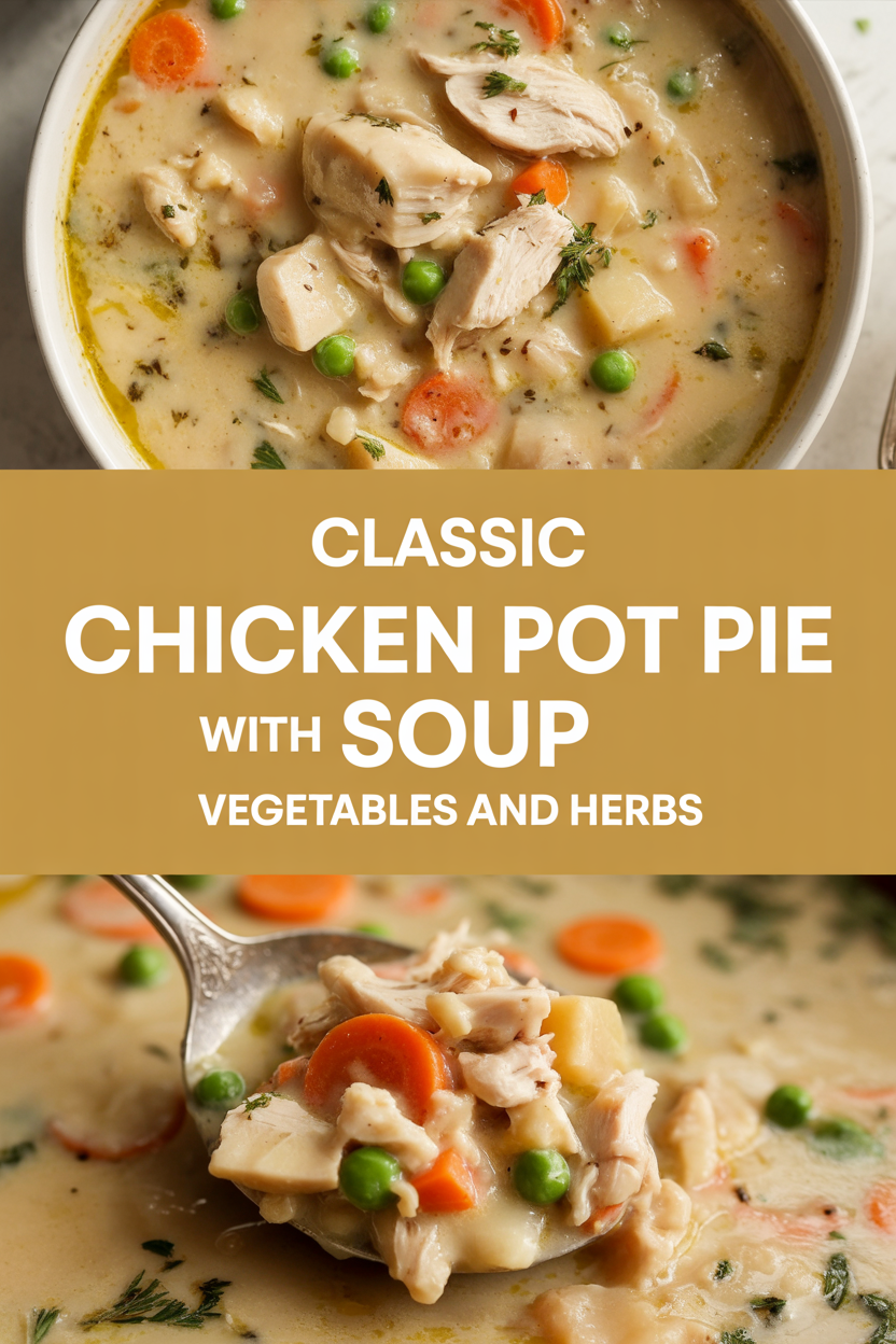 Classic chicken pot pie soup with vegetables and herbs