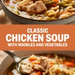 Classic chicken soup with noodles and vegetables