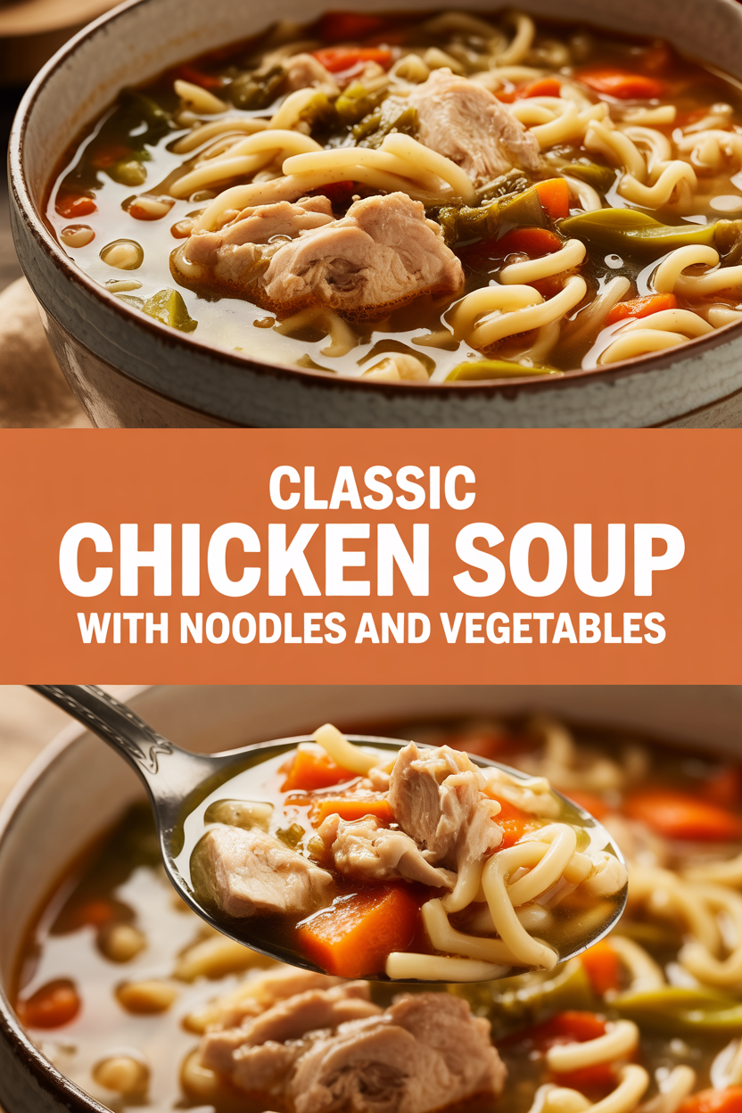 Classic chicken soup with noodles and vegetables