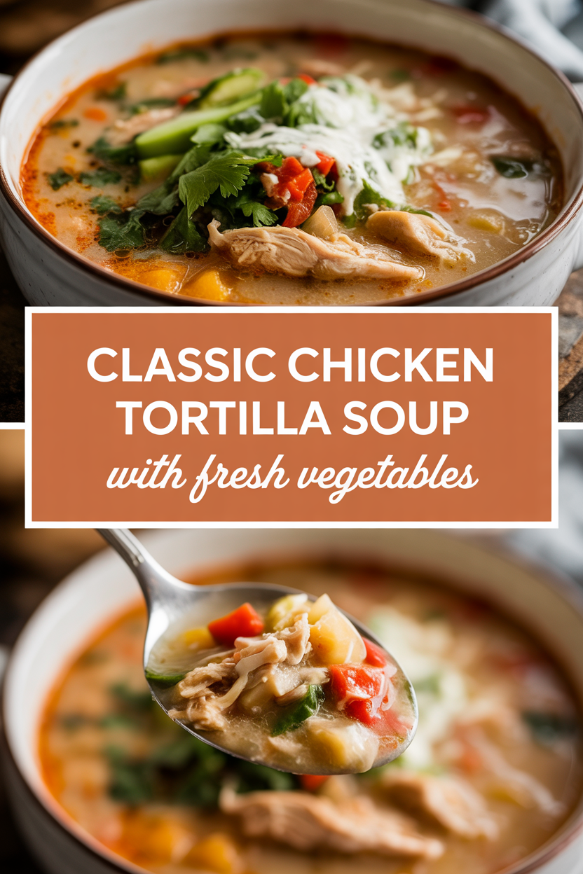 Classic chicken tortilla soup with fresh vegetables