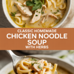 Classic homemade chicken noodle soup with herbs