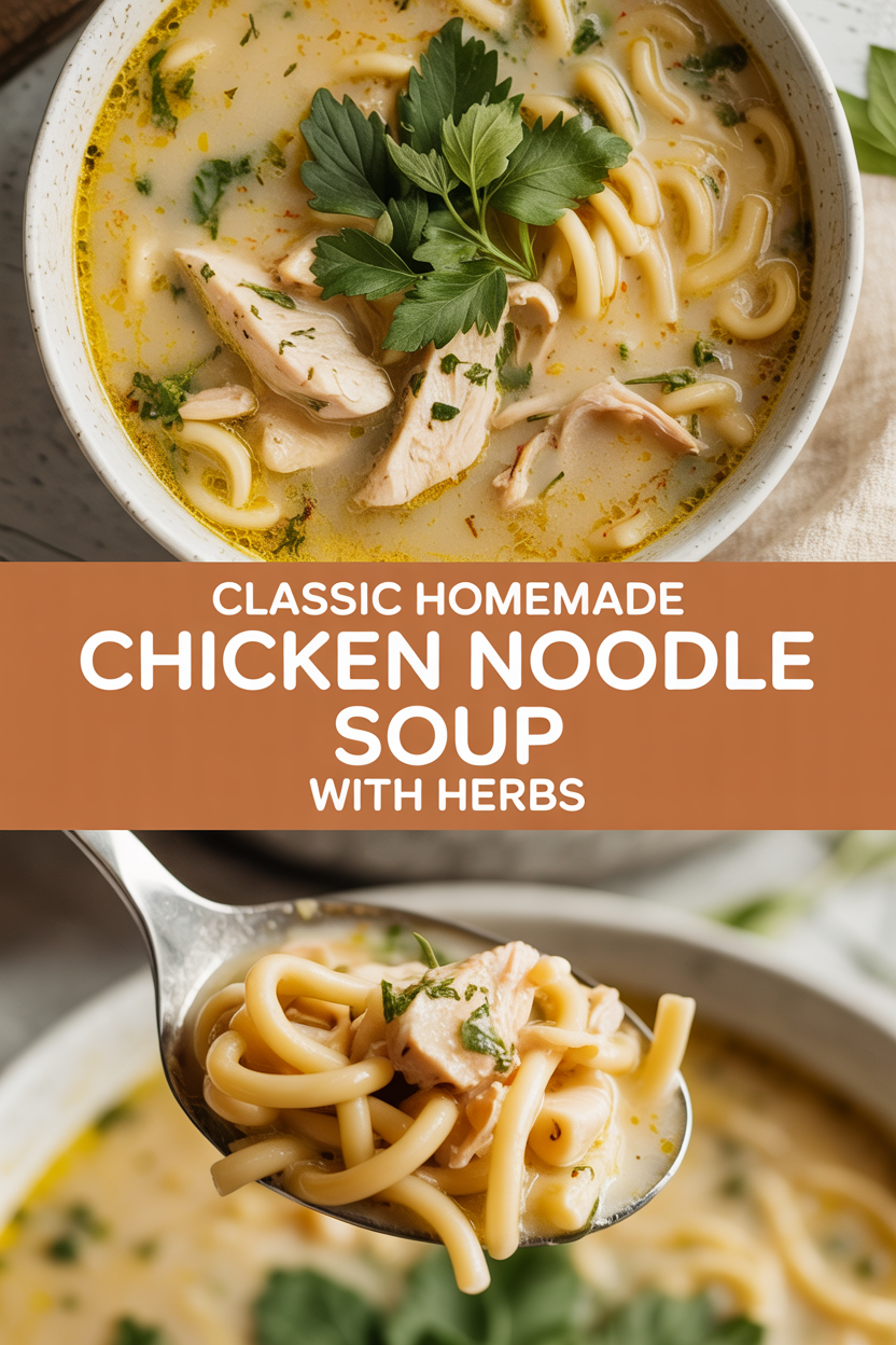 Classic homemade chicken noodle soup with herbs
