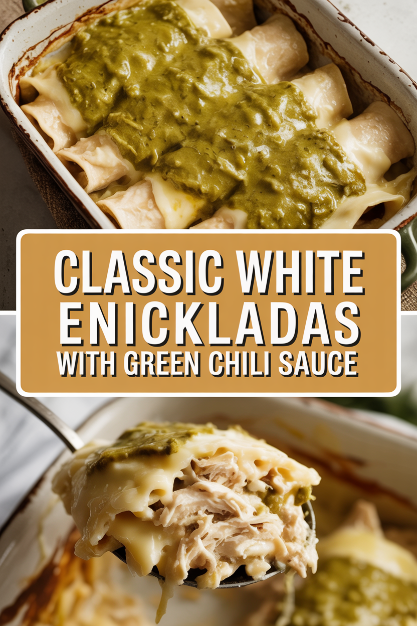 Classic white chicken enchiladas with green chili sauce