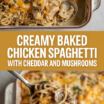 Creamy baked chicken spaghetti with cheddar and mushrooms