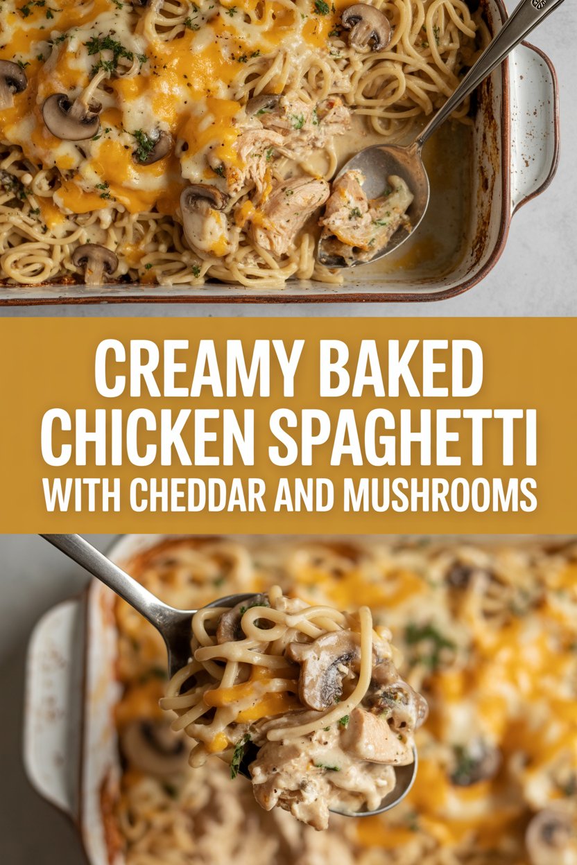 Creamy baked chicken spaghetti with cheddar and mushrooms