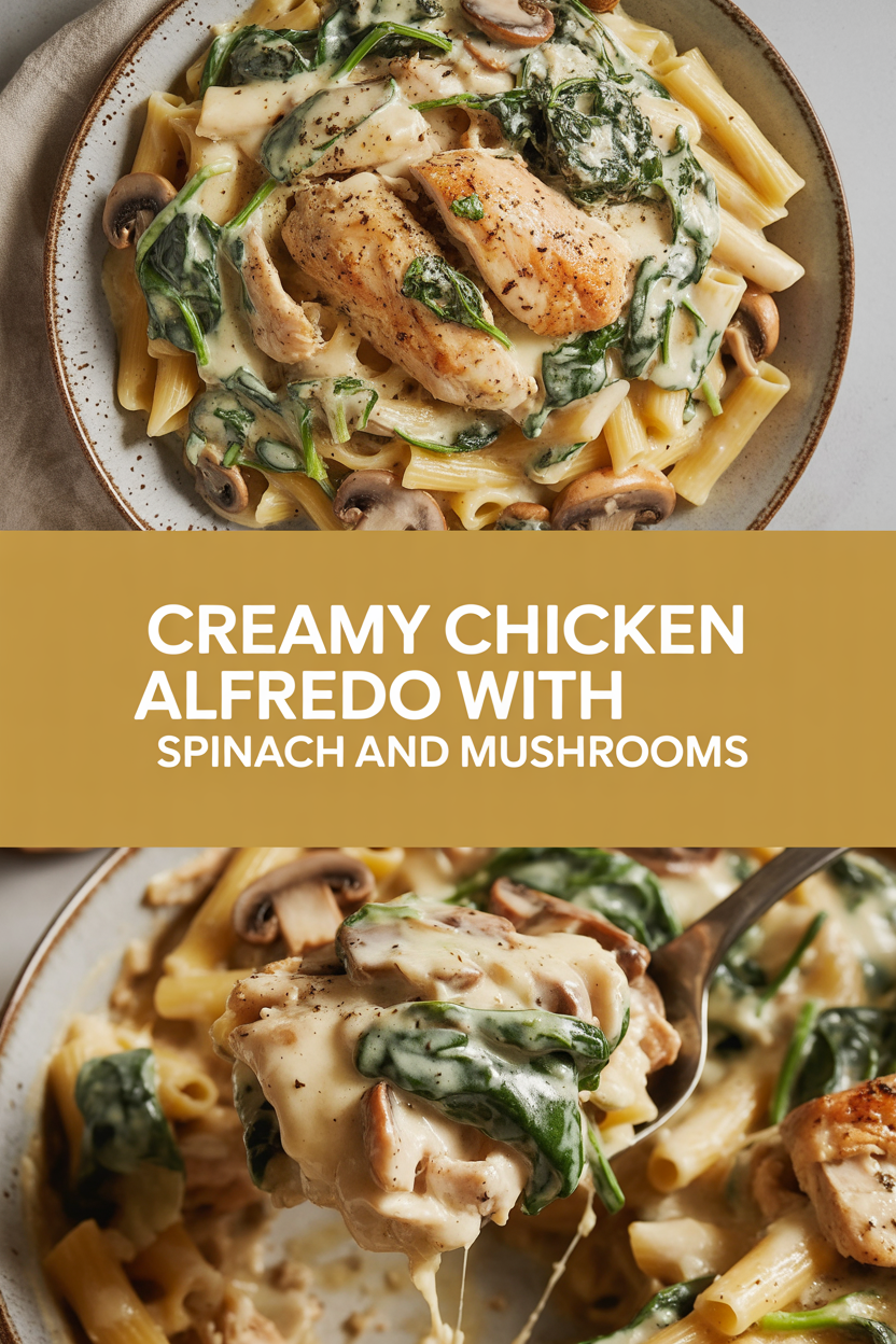 Creamy chicken alfredo with spinach and mushrooms