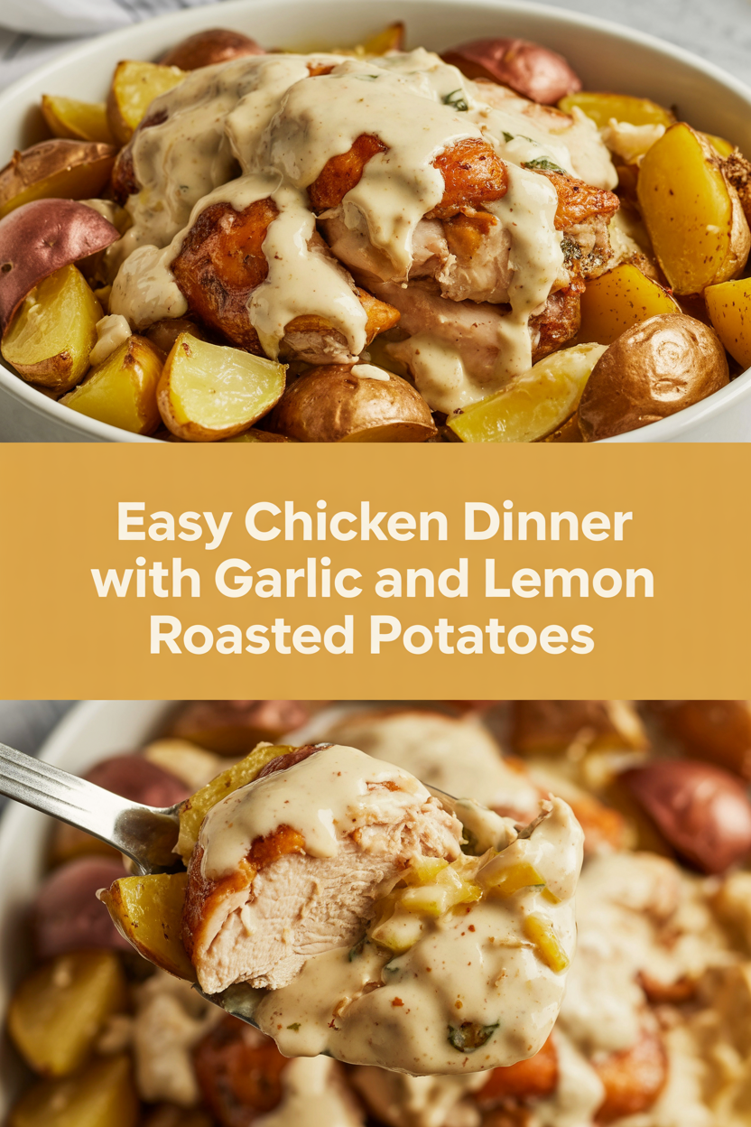 Easy chicken dinner with garlic and lemon roasted potatoes