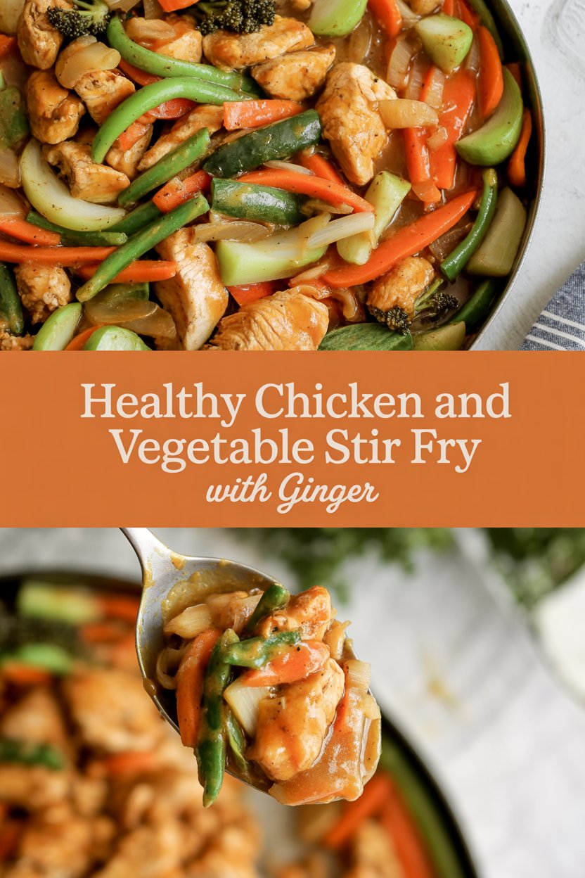 Healthy chicken and vegetable stir fry with ginger