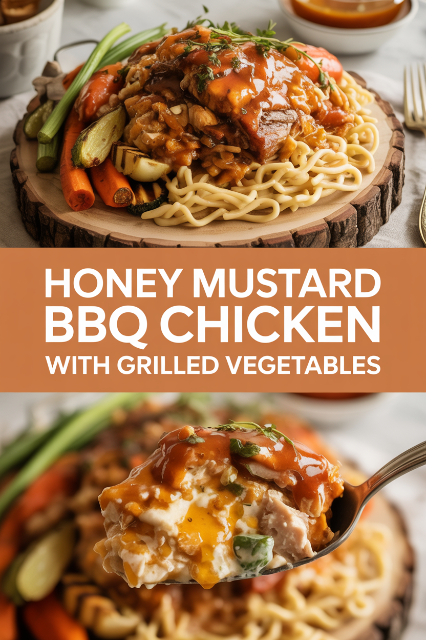 Honey mustard BBQ chicken with grilled vegetables