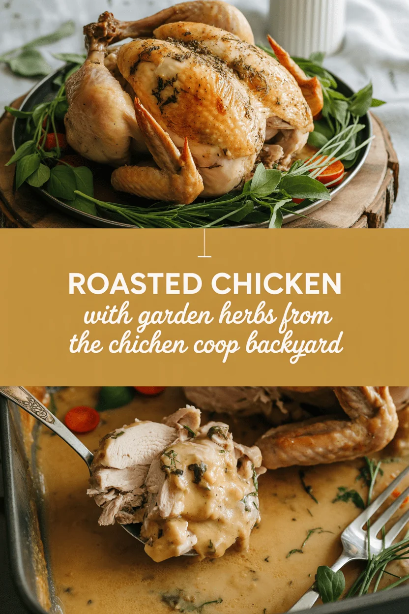 Roasted chicken with garden herbs from the chicken coop backyard