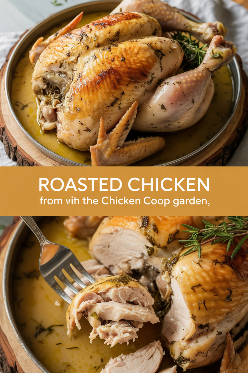Roasted chicken with herbs from the chicken coop garden