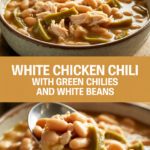 White chicken chili with green chilies and white beans